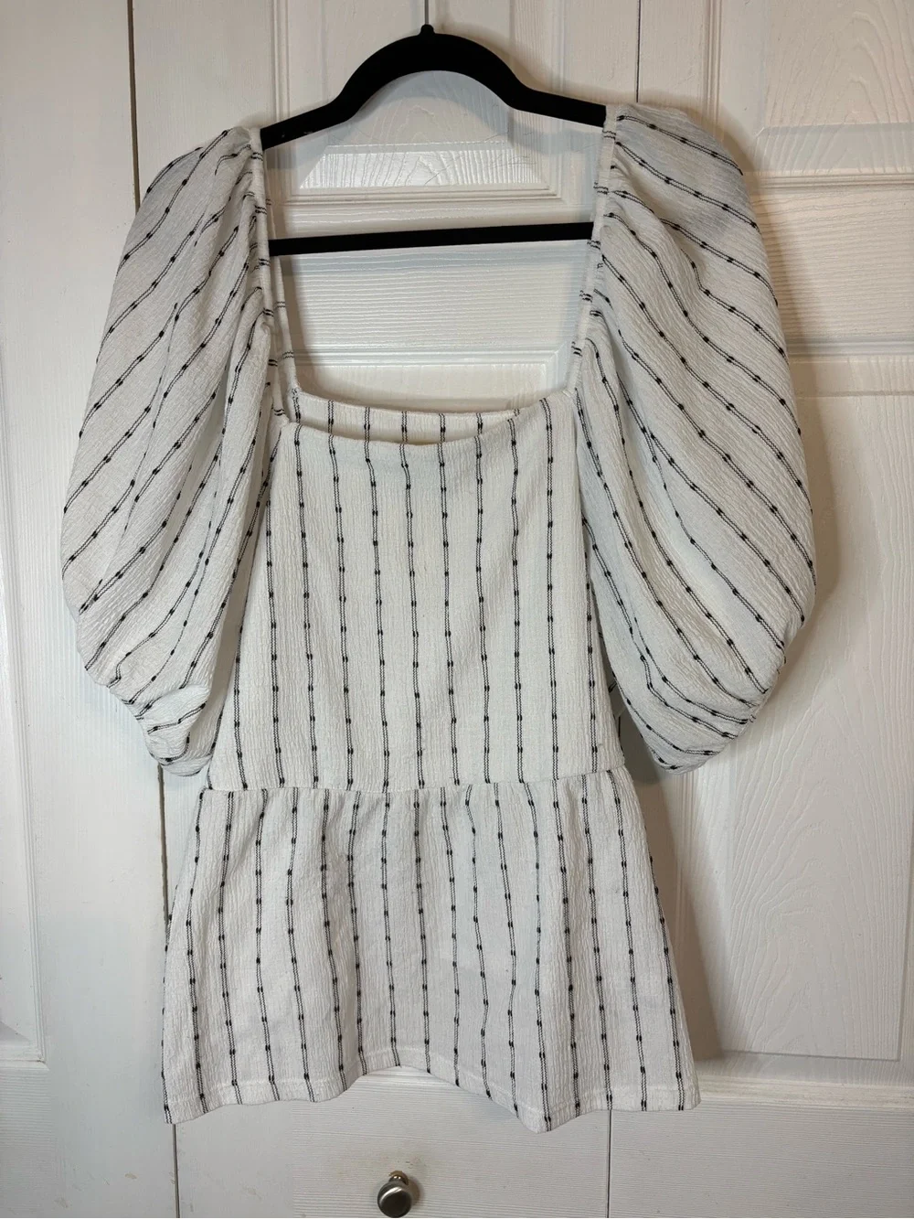 Madewell 2X Striped Puff Sleeve Peplum Empire Top Ivory and Black